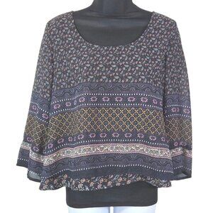 Patrons Of Peace Flowy Purple Floral Boho Blouse With Paisley Print & 3/4 Sleeve